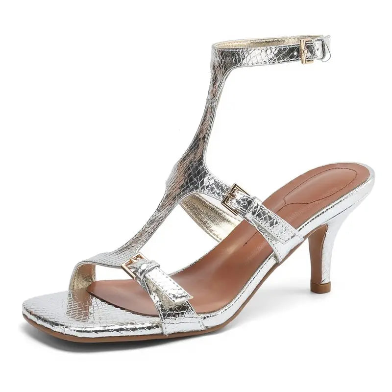 MORAZOR Plus Size 34-41 New Faux Leather Women Sandals Buckle Gold Silver High Heels Sandals Fashion Summer Ladies Party Shoes