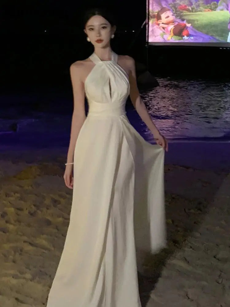 Elegant Sexy Backless Solid Long Dress Birthday Evening Party Halter Designer White Robe Summer Women Fashion Wedding Vestidos