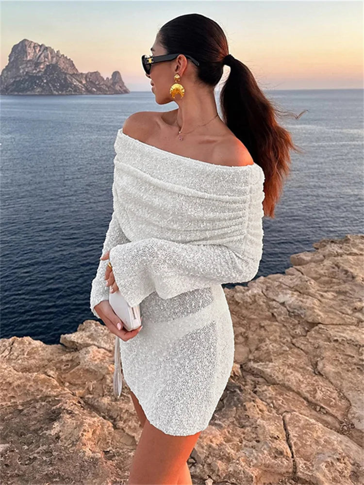 Whatiwear Sexy See Through Dress Women Ruched Slash Neck Flared Sleeve Vacation Fashion Beach Party Elegant Knit Mini Bodycon