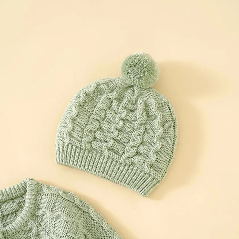 Winter Baby Rompers Clothes Solid Long Sleeve Knitted Newborn Boys Girls Jumpsuits Hats Outfits Sets 0-18m Autumn Infant Costume