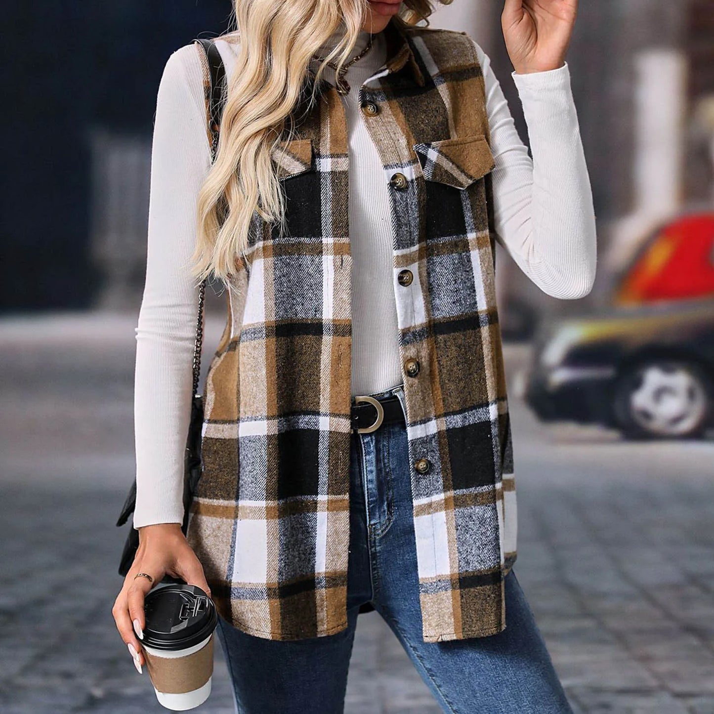 Women Fashion Plaid Sleeveless Vest For 2024 Autumn And Winter Pocket Decoration Loose Button Long Vests Jackets For Woman