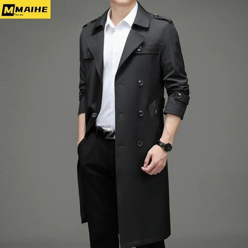 Luxurious Super Long Windbreaker Double-breasted Trench Coat Men’s Cotton Polyester Classic British Fashion Coat Brand Clothing