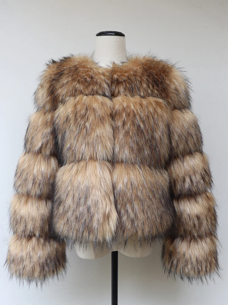 HJQJLJLS 2022 Winter Women Fashion Faux Raccoon Fur Coat Luxury Short Fluffy Fur Jacket Outerwear Women Fuzzy Coat Overcoat