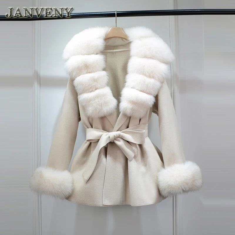2025 Fashion Winter Real Fox Fur Collar Cuff Cashmere Wool Coat Women Suit Collar Warm Loose Mid Length Belted Wool Coat Blends