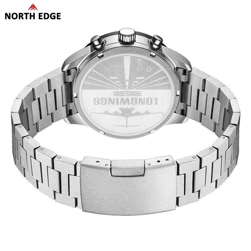 NORTH EDGE 2025 LONGWINGS Men Quartz Watch Solar Powered Stopwatch Waterproof 50M 316 Full Stainless Steel Luminous Pilot Watch