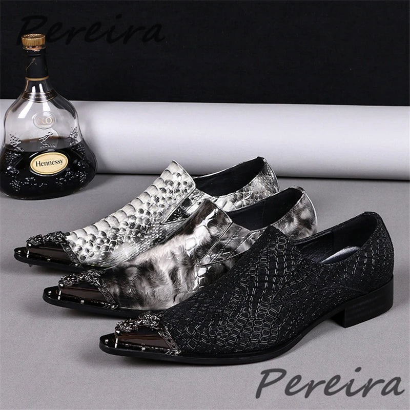 British Style Men Formal Shoes Metal Pointed Toe Patent Leather Low Heel Derby Shoes Fashion Party Banquet Business Dress Shoes