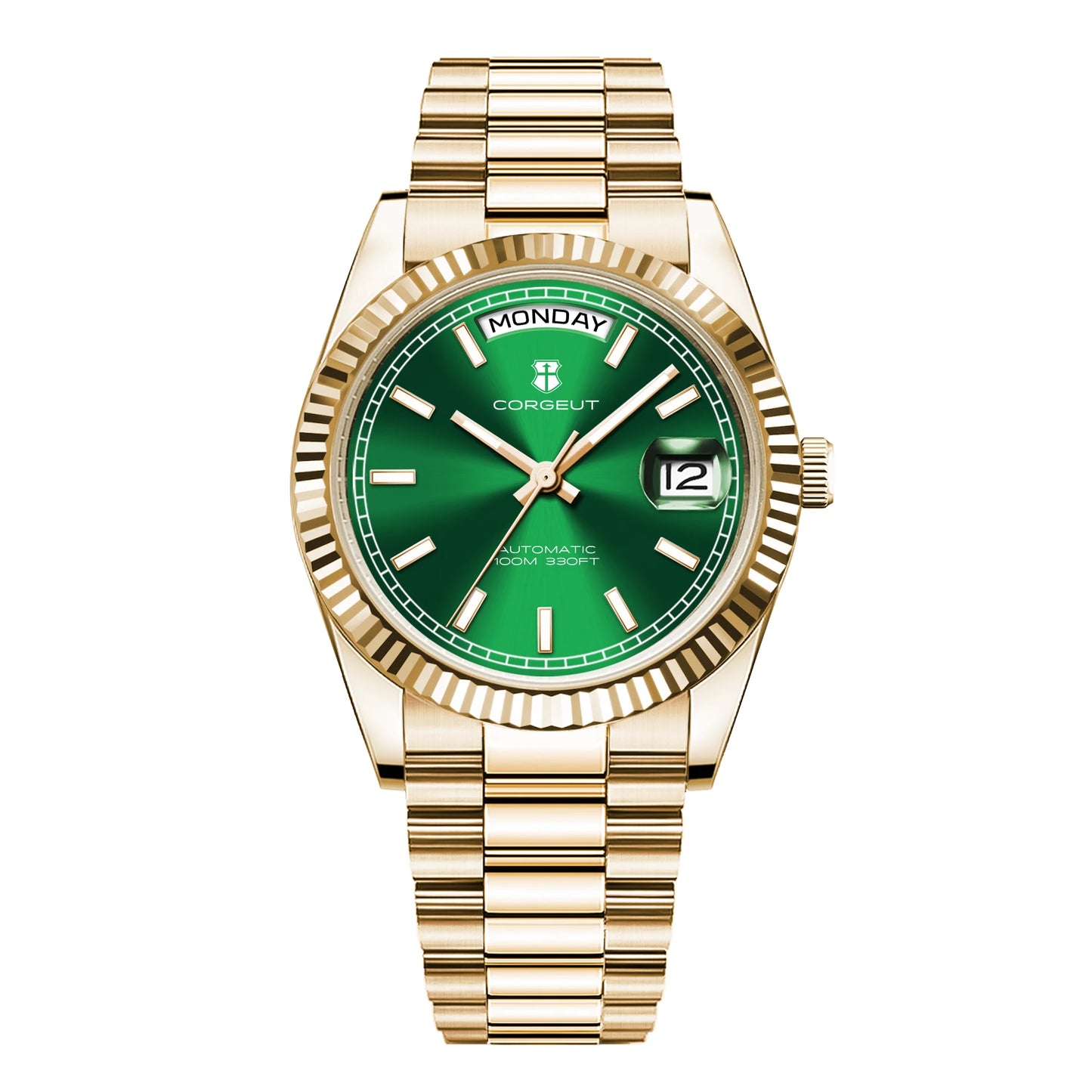 CORGEUT NH36 Mechanical Men's Watch Date of the Week Show President Chain Strap Steel Case Watch Threaded Arc Bezel waterp