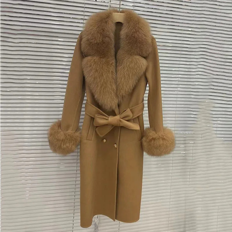 Long Women Wool Blended Coat With Big Real Fox Fur Collar Fashion Slim Winter Wool Jacket With Belt Outwear With Fox Fur Cuff