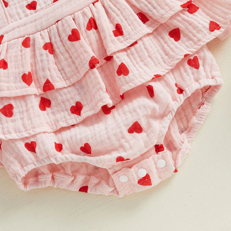 Infant Toddler Baby Girls Valentine's Day Romper Bow/Heart Print Flutter Sleeves Square Neck Bodysuit with Bow Headband