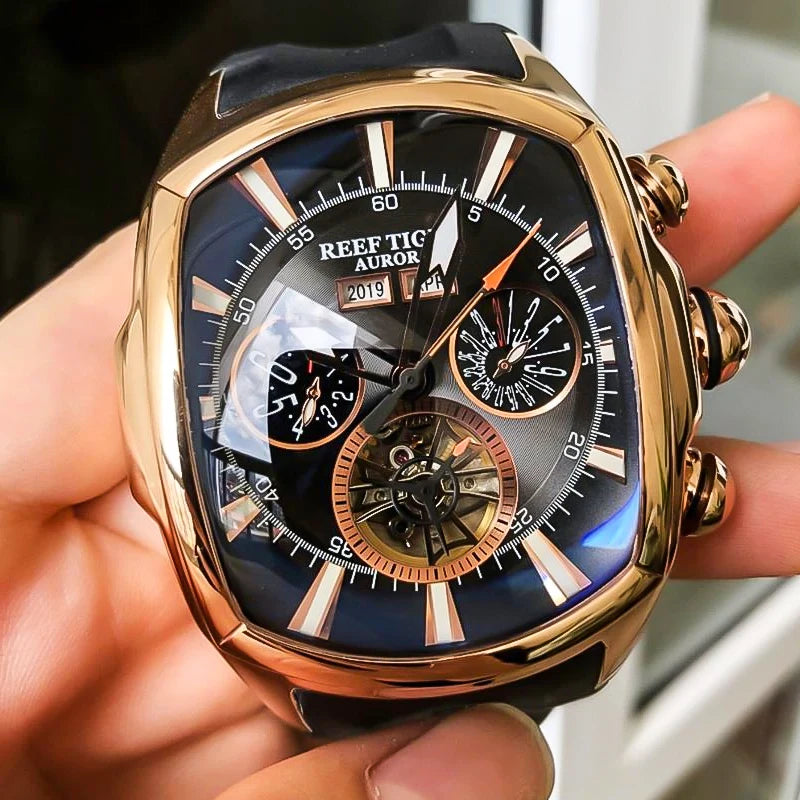 Reef Tiger/RT Designer Sport Watches with Tourbillon Stainless Steel Rubber Strap Blue Dial Automatic Watches RGA3069