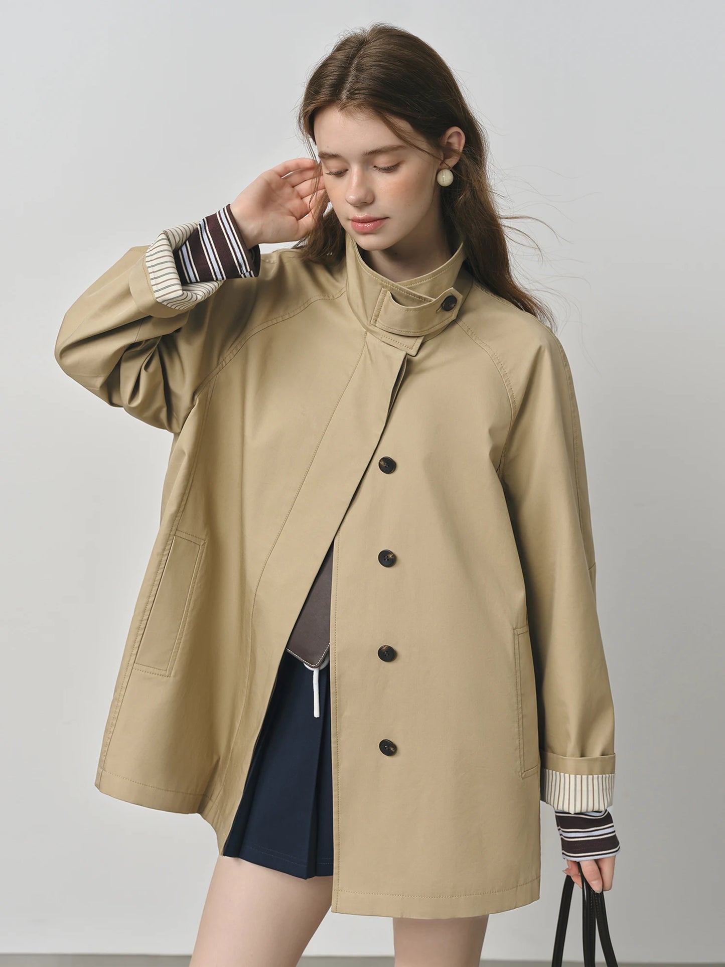 FSLE British Style Design Stand Collar Windbreaker Trench Jacket for Women 2025 Autumn New Arrival Casual Chic Coats for Women