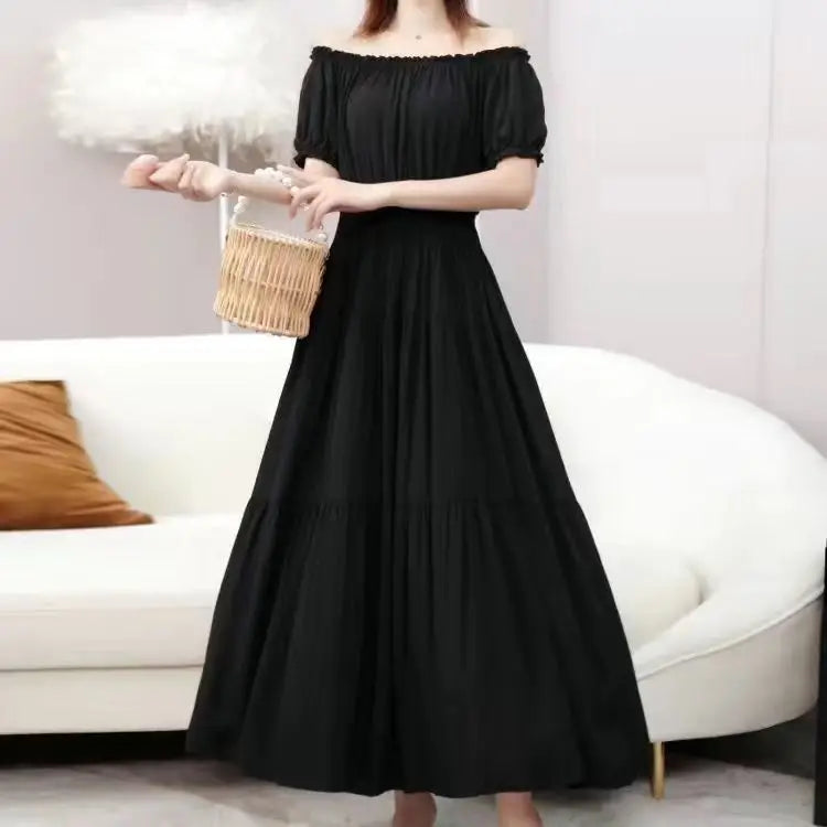 Cotton Silk floral Short sleeved Dress Beach vacation Big swing Dress New Summer 2025 Printed One neck Long Dresses