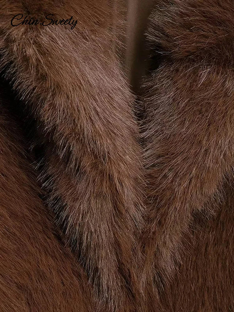 Brown Lapel Faux Fur Short Coat Women Fluffy Long Sleeve Warm Thick Loose Jacket 2025 Autumn Winter Lady High Street Outwear ﻿