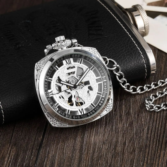 Silver Roman Numeral Square Dial Mechanical Hand Winding Pocket Watch Open Face Elegant Retro Pendant Manual Mechanism Timepiece