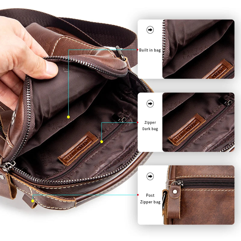 Men's leather shoulder bag, multifunctional and high-capacity cowhide crossbody bag, handbag