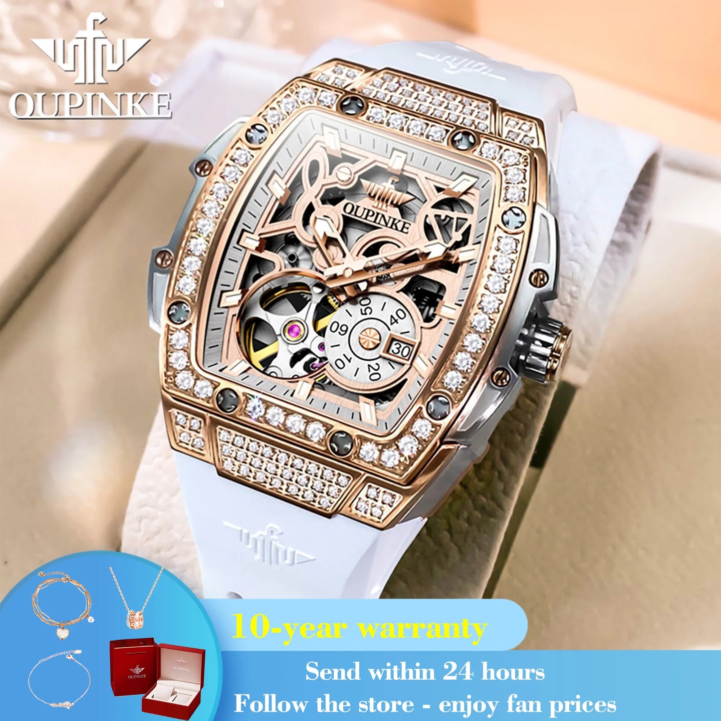 OUPINKE 3220 Women's Watch Flywheel Skeleton Mechanical Watch For Women Luxury Silicone Strap Wristwatch Sapphire Mirror Clock