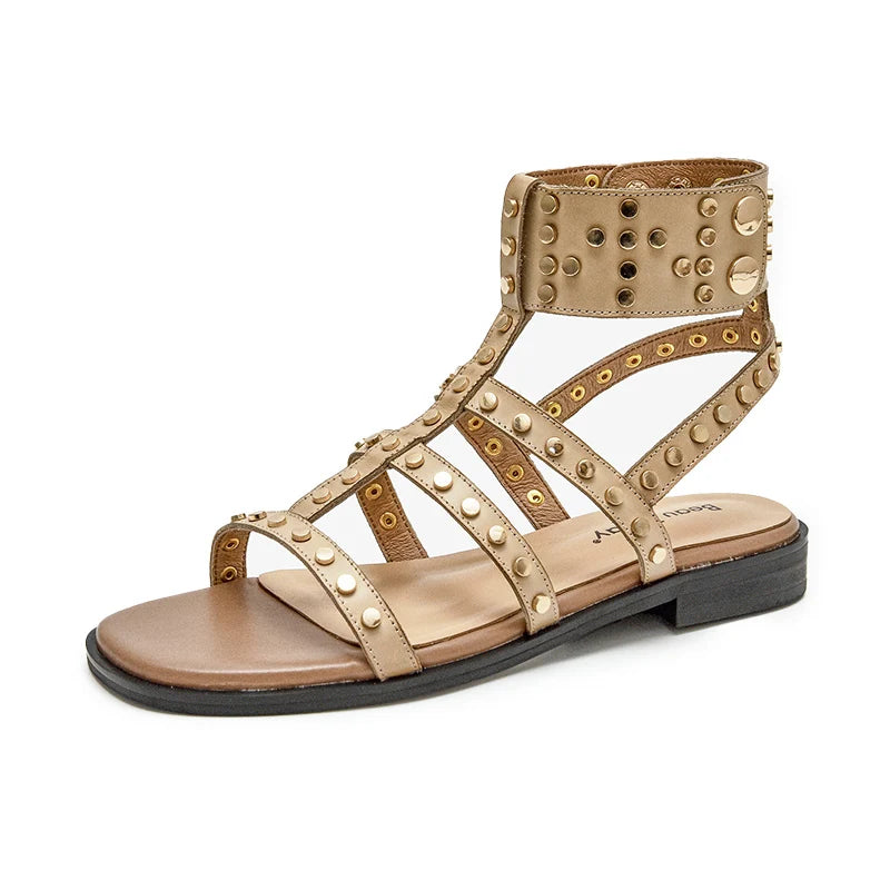 BeauToday Gladiator Sandals Women Leather Shoes Rivet Ankle Buckle Strap Roman Casual Handmade Flat Summer Ladies Shoes 07113