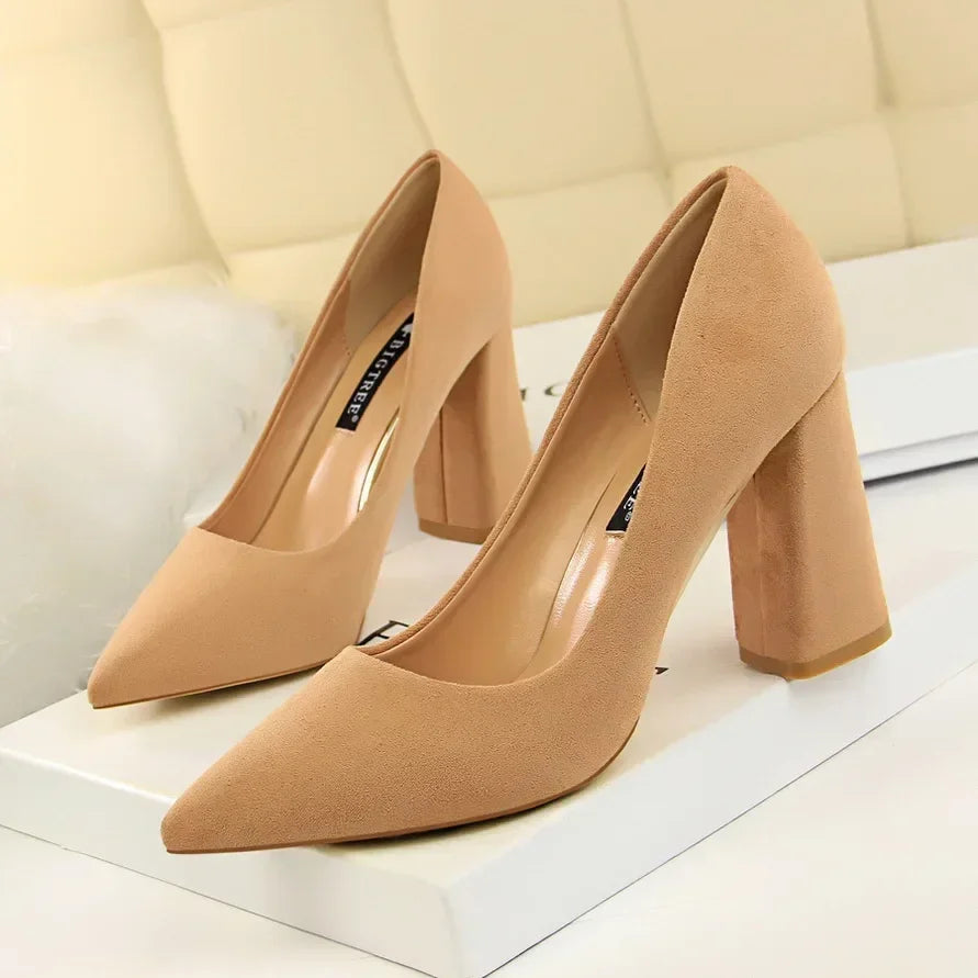 Women Elegant Suede 8.5cm High Heels Formal Occasion Pumps Lady Fashion Party Block High Heels Red Khaki Nightclub Dance Shoes
