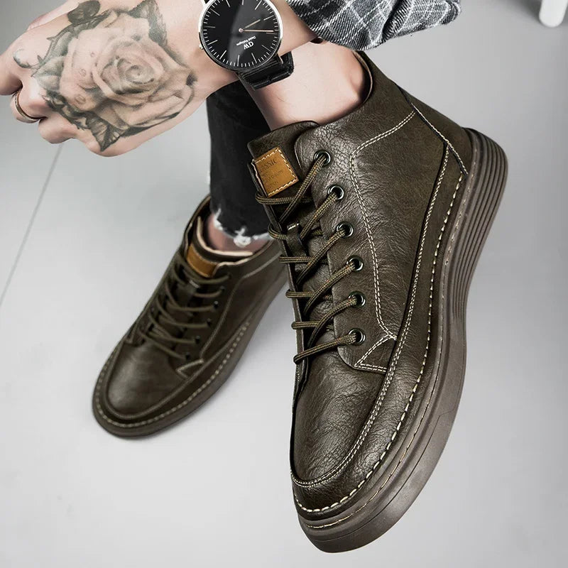 Spring Genuine Leather Mens Ankle Boots Men High Top Sneakers Classic Skate Shoes For Men Casual Footwear Handmade Boots Male