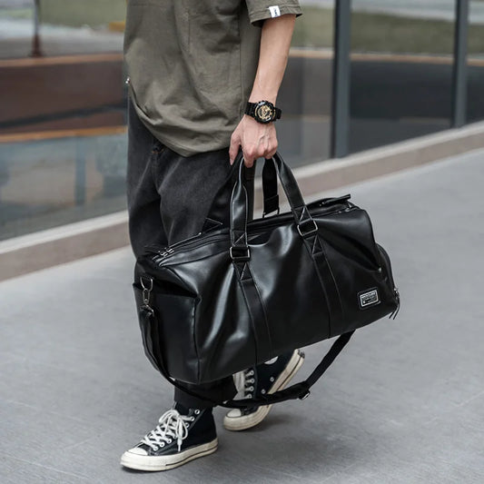 Leather Travel Duffel Bag for Men, Vintage Waterproof Bag with Shoe Pouch, Overnight Gym Sports Carry-On Leather Bag