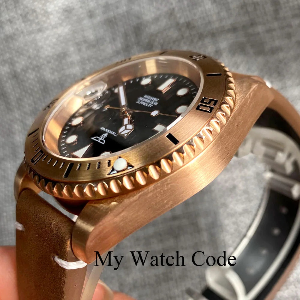 Tandorio Real Bronze Diver Mechanical Watch Men Sunburst Green Wristwatch NH35AA Movt Leather band Vintage Waterproof Lume Clock
