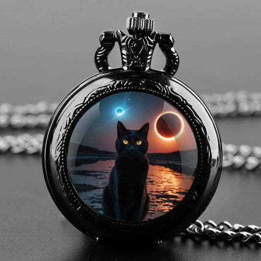 Halloween Black Cat Design Glass Dome Fashion Arabic Numerals Quartz Pocket Watch Necklace Pendant Chain Mens Women Gifts