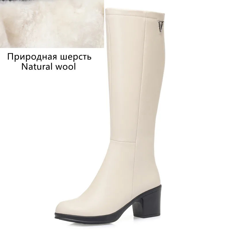 AIYUQI  Women Knight Boots Genuine Leather 2025 New Wool Warm Women Winter Boots Round Toe High Heels Fashion Women Long Boots