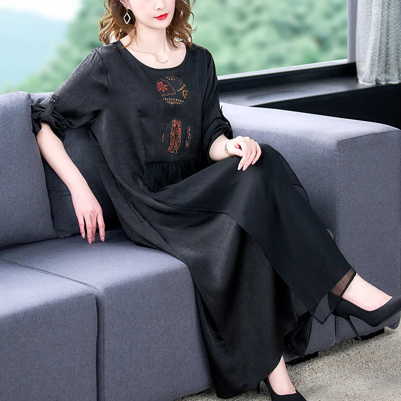 Women Black Print Natural Silk Maxi Dress Spring Summer Elegant Loose Waist Dress 2024 Korean Vintage Hepburn Evening Dresses