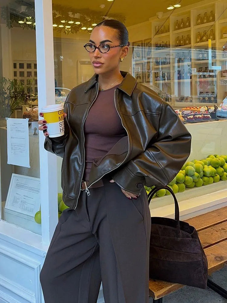 Women's Red Pu Leather Burgundy Solid Lapel Cropped Jacket Female Pockets Long Sleeves Short Coat 2024 Lady Autumn Streetwear