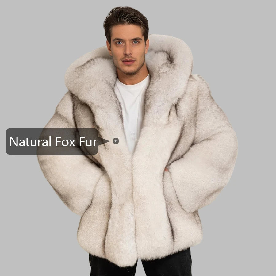 Real Fox Fur Coat Men's Natural Fox Fur Bomber Jackets Natural Full Skin Coats With Hood High Quality Genuine Leather Jackets