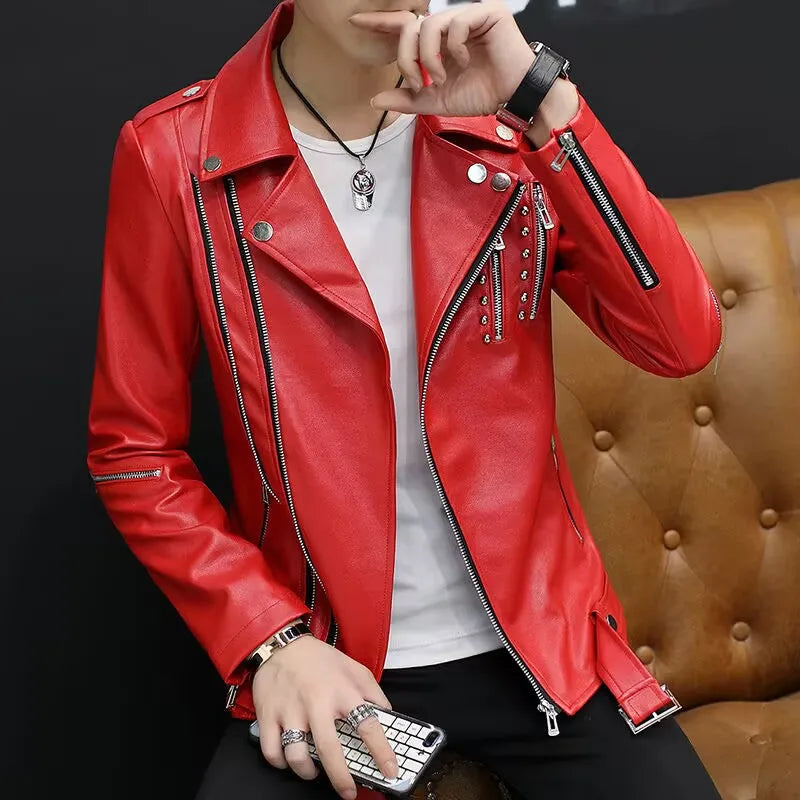 2024 Autumn Men's Leather Jacket, Suit Collar Coat Slim Men's Short Motorcycle clothing