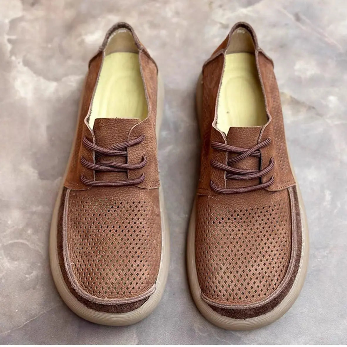 Wide toe hollow natural leather shoes men's 2025 summer new cowhide punched breathable soft leather soft sole singlecasual shoes