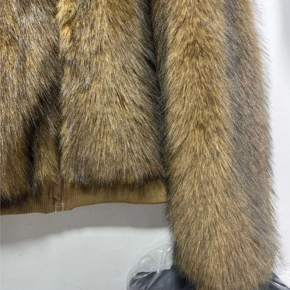 Winter Gradient Brown Long Hairy Shaggy Raccoon Faux Fur Coat Full sleeve Furry Women Big Lapel Furry Coat Loose Short Outerwear
