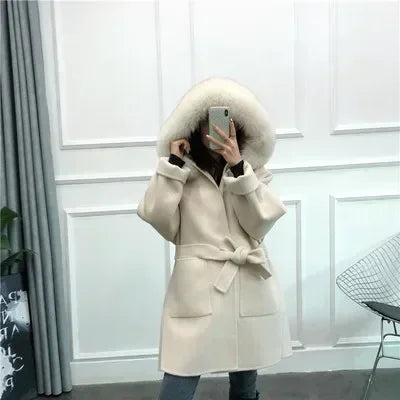 2024 New Woolen Coat Oversize Ladies Outerwear Winter Women Natural Fox Fur Collar Cuffs Jacket Hood Cashmere Wool