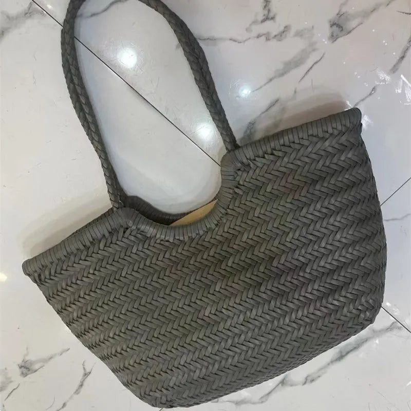 Hand Knitted Designer Genuine Leather Elegant Handle Female Totes Vintage Women's Handbag Cowskin Lady Large Shoulder Bag