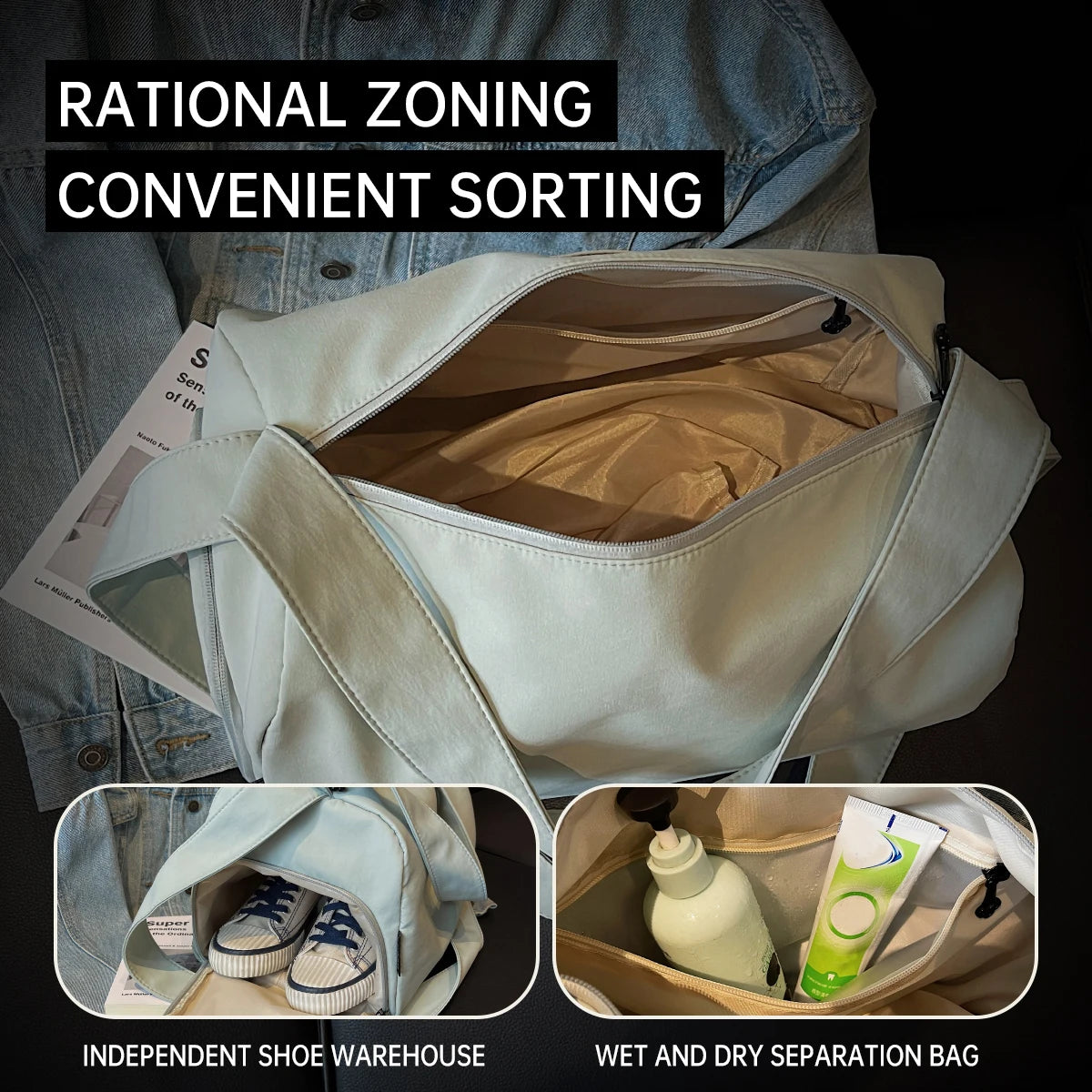Sports Fitness Bag for Women, Wet and Dry Separation Swimming Bag, Large Capacity Satchel Short-Distance Travel Bag, Travel Luggage Storage Bag, Including Shoe Compartment, Yoga Bag, Work Bag