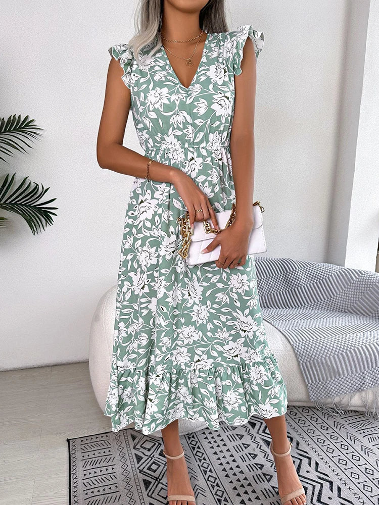Summer Floral Midi Dresses For Women Casual Sleeveless Ruffle Holiday Beach Dress Fashion White V Neck New In Dresses 2023