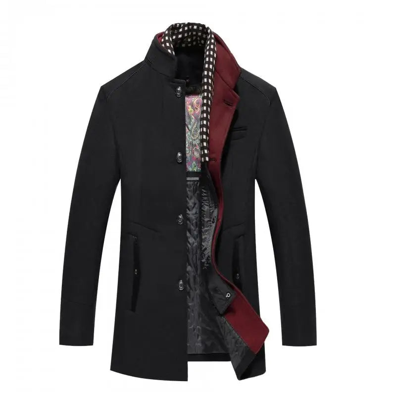 Autumn Winter Mens Wool Coats Smart Casual Thick Warm Woolen Trench Outerwear Men Stand Collar Fashion Detachable Scarf Coats