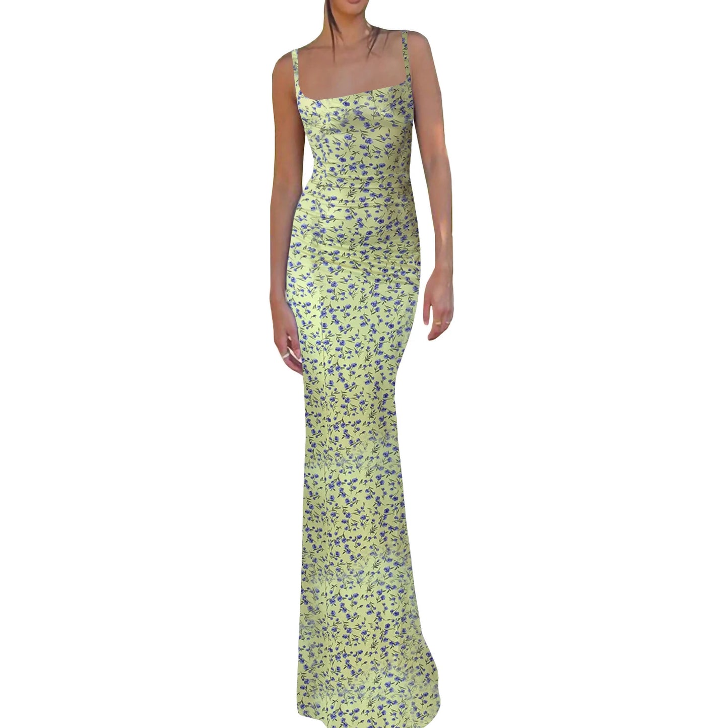 Women Chic Tube Backless Dress Spaghetti Strap Satin Elegant Maxi Bodycon Long Dress Y2K Floral Printed Sundress Streetwear