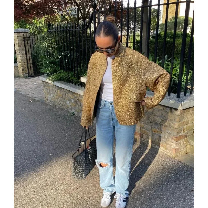 Jinia trendy sequins gold jacket for women 2024 loose stand collar long sleeve club jacket 2024 autumn office ladies outwear