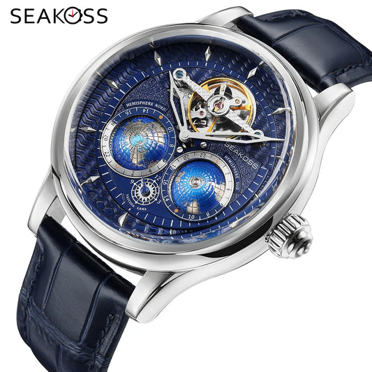 SEAKOSS 3D Double Earth Rotating Men's Mechanical Watch Automatic Movement Waterproof Clock Pilots Male 1963 Flywheel Watches