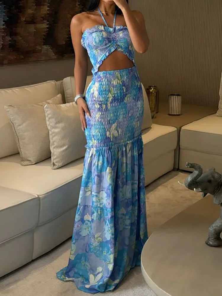 Hollow Out Patchwork Sexy Maxi Dress, Women Summer Fashion Sleeveless Chic Party Dress, 2025 Print Elegant Ladies Dress Vestidos