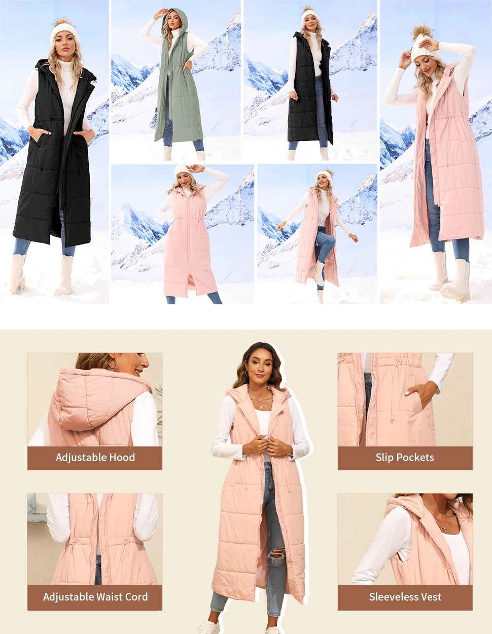 PinePear 2025 Fall Winter Fashion Women Super Long Quilted Vests Hooded Maxi Length Sleeveless Puffer Vest Padded Coat Outerwear