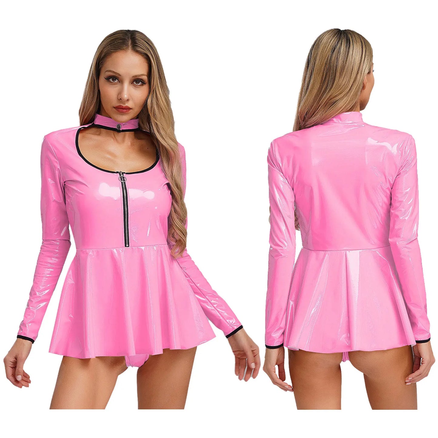 Womens Shiny PU Leather Mini Dress Mock Neck Cut Out Long Sleeve High Waist Micro A-line Dress Night Club Wear Lingerie Dresses