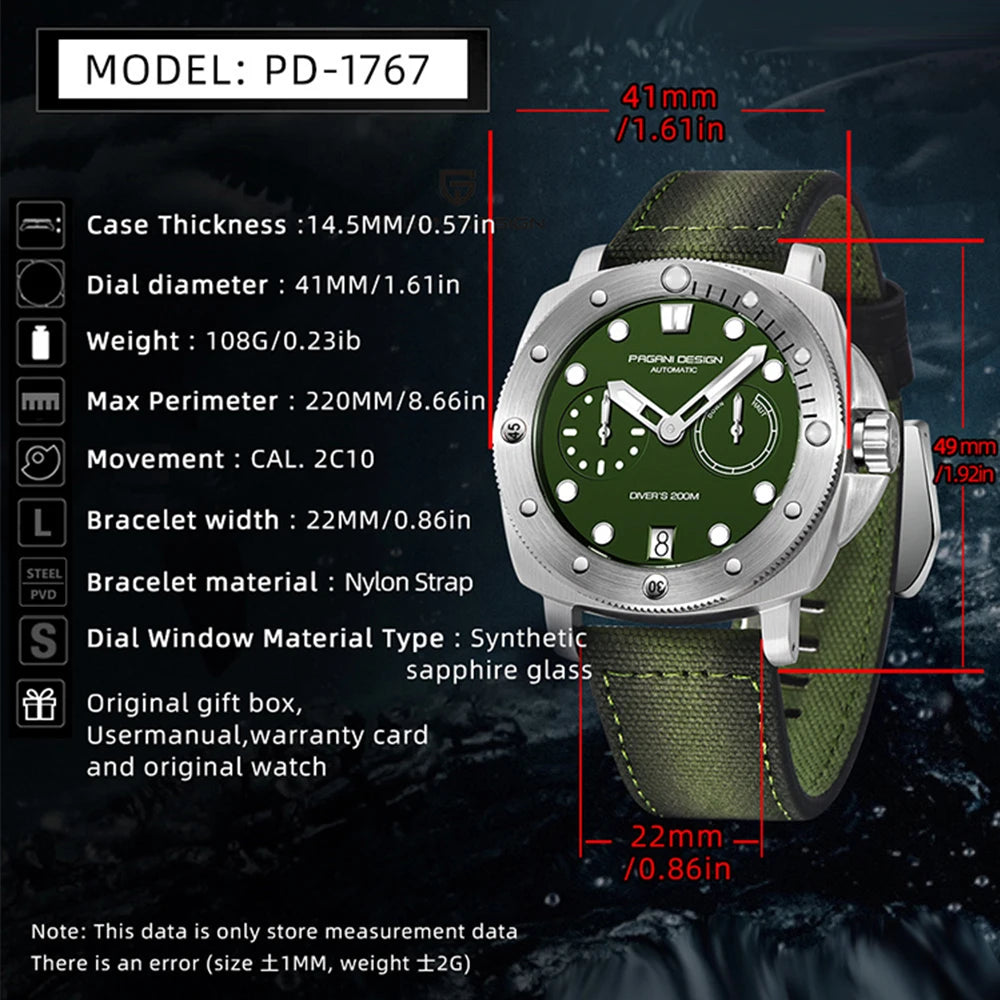 2025 PAGANI DESIGN Luxury Men's Automatic Mechanical Watch Sapphire Stainless Steel PD1767 Diving Waterproof Watch reloj hombre