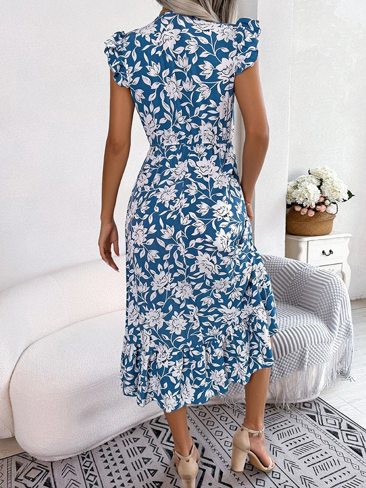 Summer Floral Midi Dresses For Women Casual Sleeveless Ruffle Holiday Beach Dress Fashion White V Neck New In Dresses 2023