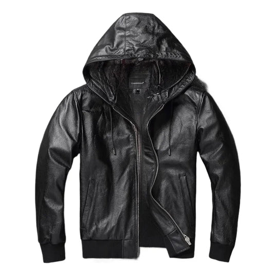 Men Leather Jacket with Hood Genuine Cowhide Slim Fit Male Skin Coat Spring Autumn Clothing  Chamarras De Cuero Para Hombre
