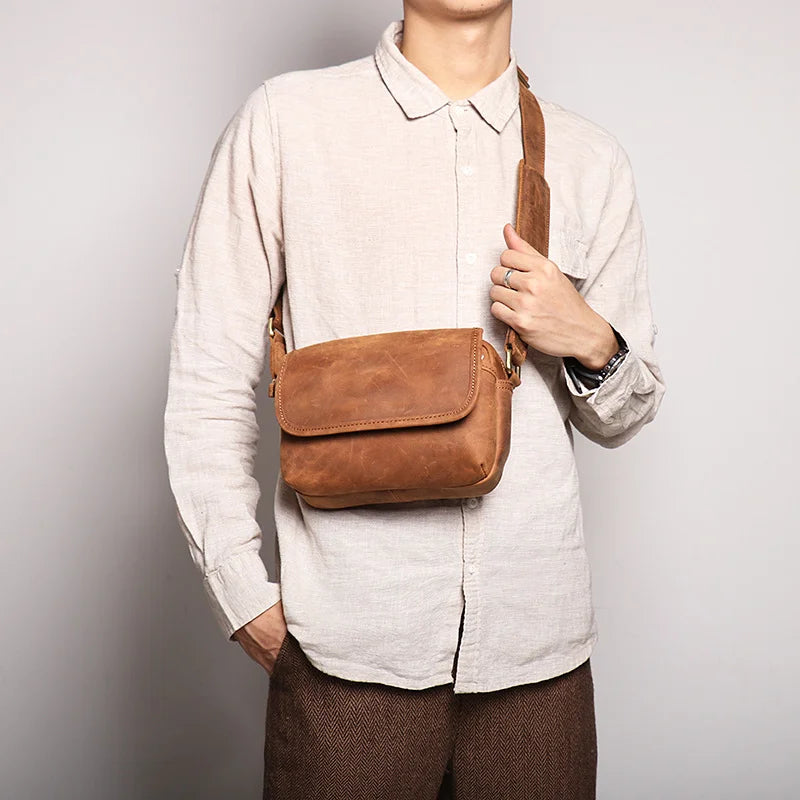LUOKIR Vintage Crazy Horse Leather Retro Men's Bag Genuine Cowhide Shoulder Bag Women's Crossbody Bag iPad Small Square Bag