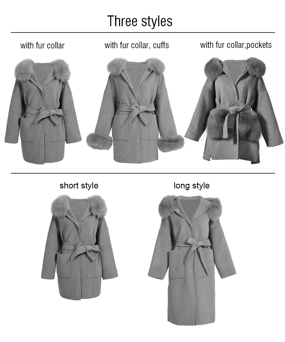 2024 Real Fur Coat Hood Winter Jacket Women 100% Natural Fox Fur Collar Cuffs Cashmere Wool Blend Oversize Outerwear New Loose
