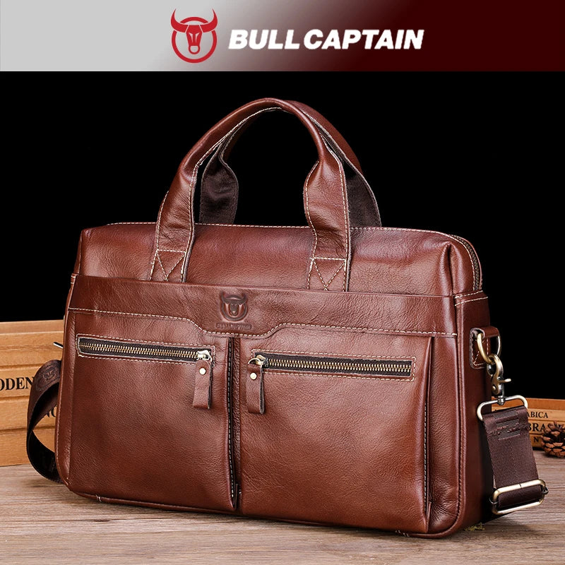 BULLCAPATIAN Men's Briefcase Genuine Leather Business Tote Bag Top Layer Cowhide Vintage Briefcase Messenger Bag Computer Bag